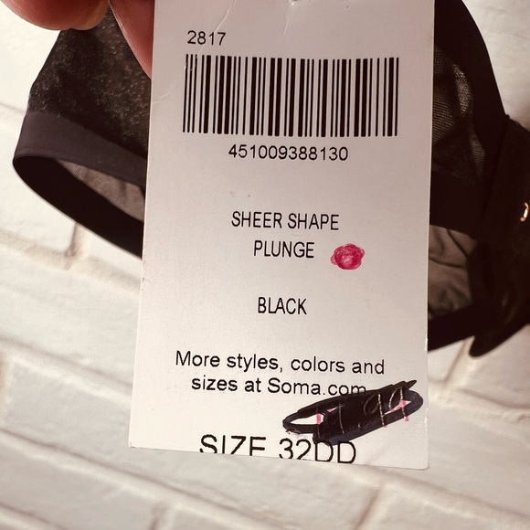 NWT Soma Sheer Shape Unlined Underwire Plunge Bra 32 DD Black #0392 - Picture 8 of 11